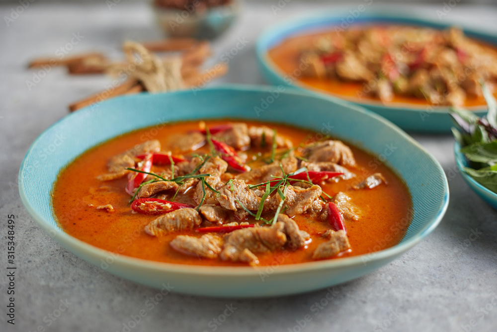 Dried red pork coconut curry, Thai cuisine. Dried red pork coconut curry, Thai cuisine.