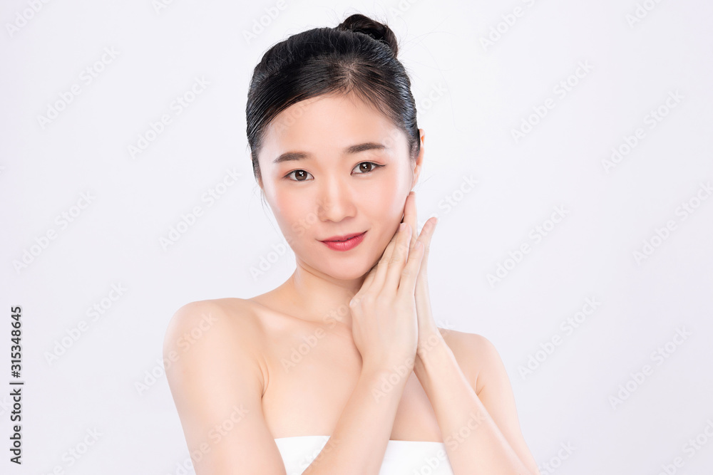 Portrait beautiful young asian woman clean fresh bare skin concept. Asian girl beauty face skincare and health wellness, Facial treatment, Perfect skin, Natural make up, on white background Portrait beautiful young asian woman clean fresh bare skin concept. Asian girl beauty face skincare and health wellness, Facial treatment, Perfect skin, Natural make up, on white background