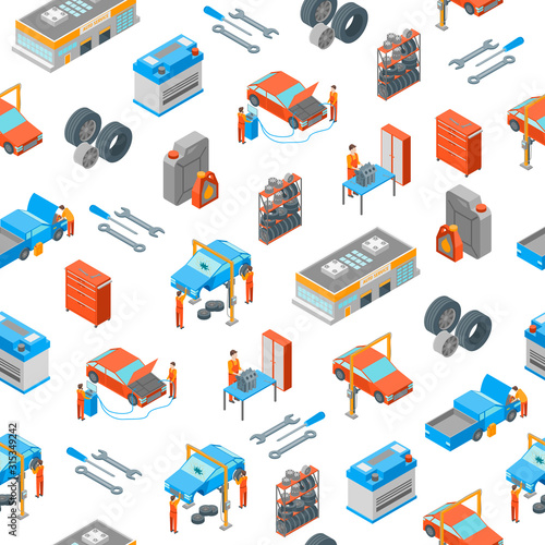 Auto Service 3d Seamless Pattern Background Isometric View. Vector
