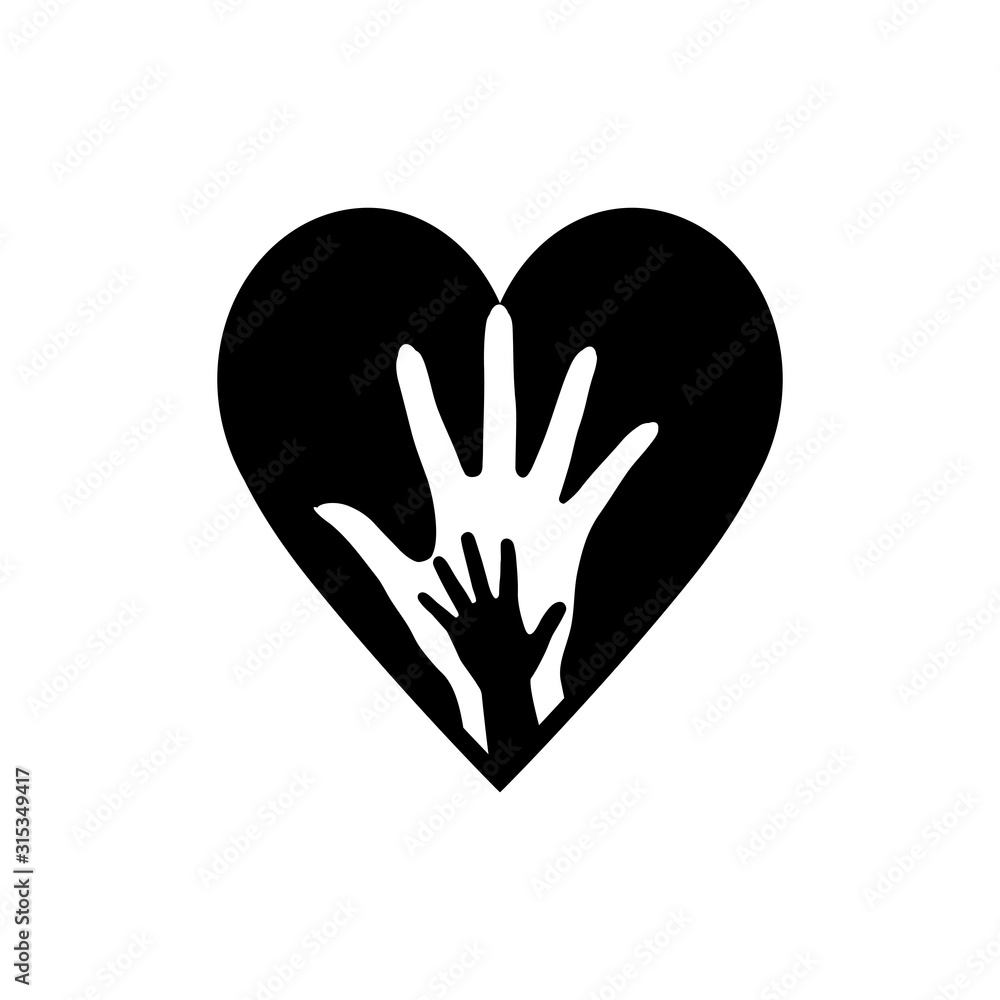 Obraz premium Hand of Mother and Child in the Heart Icon. The Element of Orphanage Emblem or Family Sign. It can be used for Topics Like Medicine, Health or Protection