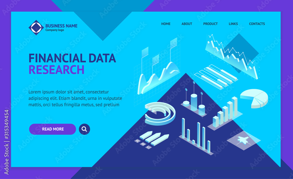 Data Financial Graphs Concept Landing Web Page Template 3d Isometric View. Vector