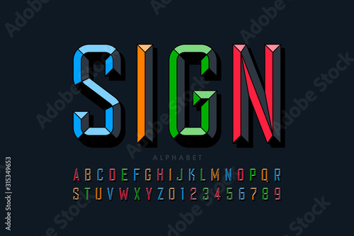 Modern chiseled style font design, alphabet letters and numbers