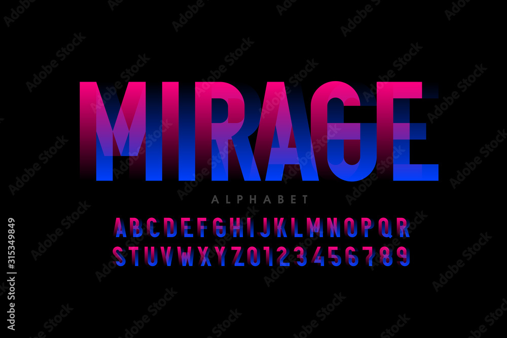 Modern optical illusion style font design, alphabet letters and numbers