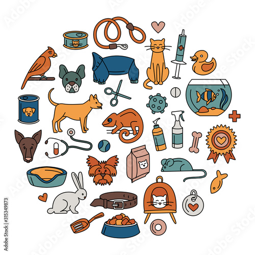 Pet store dogs, cats, birds, other domestic animals square pattern