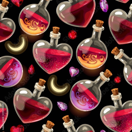 Seamless pattern with bottles of love potion