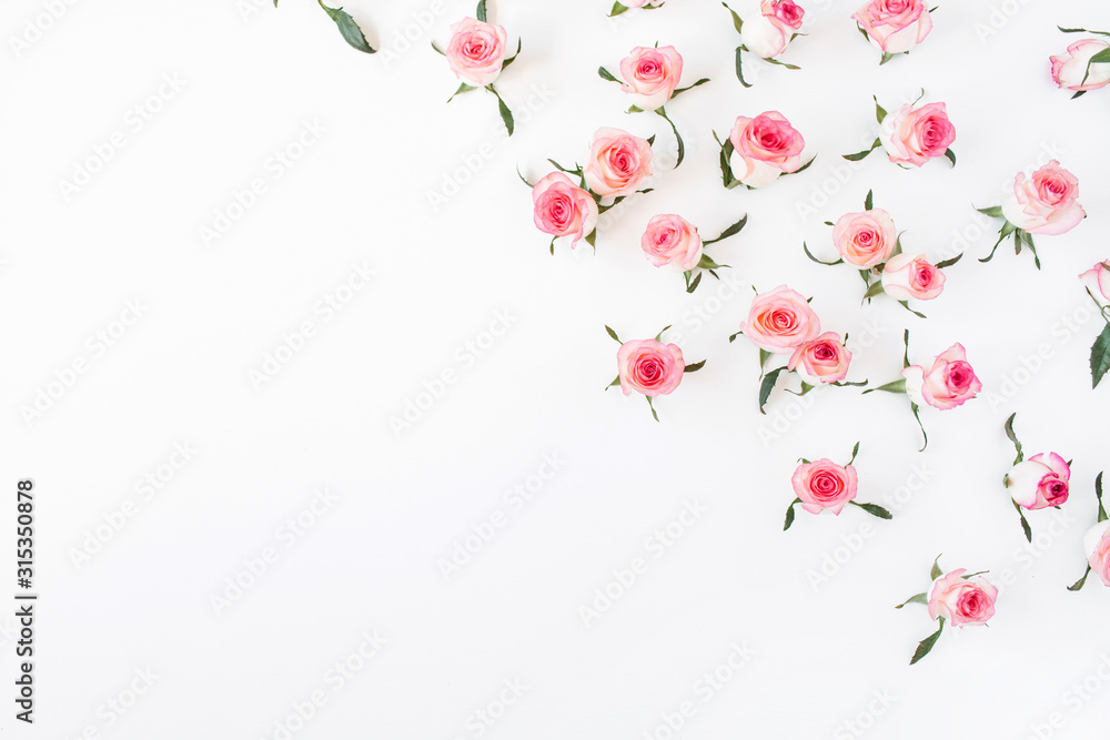 custom made wallpaper toronto digitalFlat lay pink rose flower buds and leaves pattern on white background. Top view.