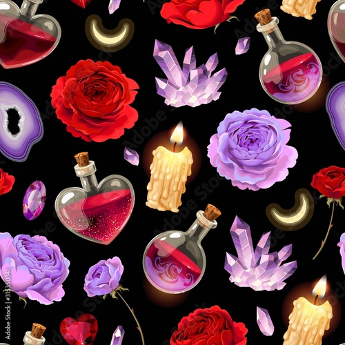 Magic seamless pattern with glass flask and candle