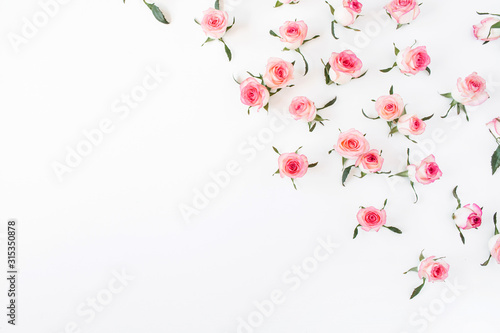 Wallpaper Mural Flat lay pink rose flower buds and leaves pattern on white background. Top view. Torontodigital.ca