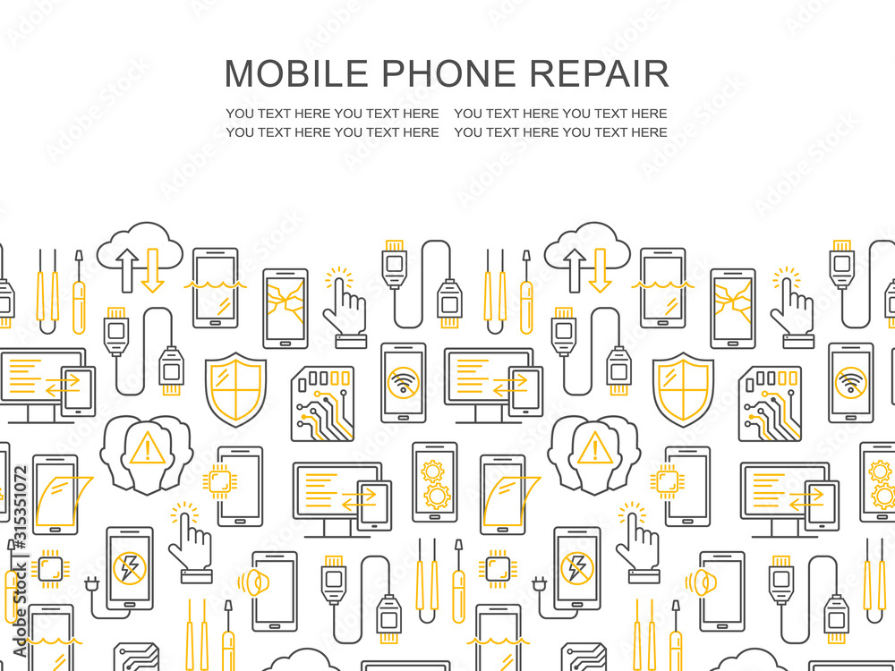 Mobile repair service, phone fix pattern with place for text. Smartphone common issues, repair, accessories background. Mobile service thin line flyer. Electronic equipment and technology