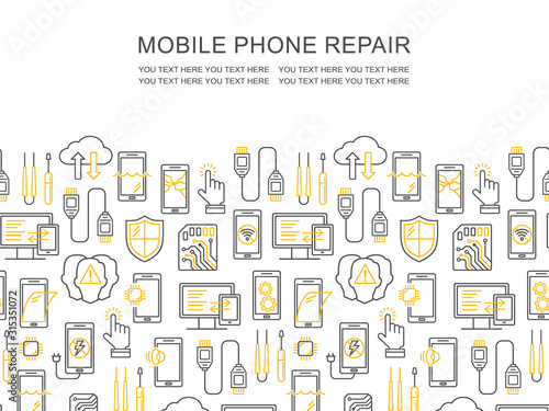 Mobile repair service, phone fix pattern with place for text. Smartphone common issues, repair, accessories background. Mobile service thin line flyer. Electronic equipment and technology