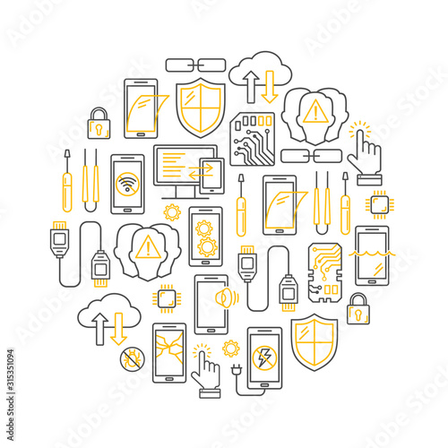 Mobile repair service, phone fix pattern with place for text. Smartphone common issues, repair, accessories background. Mobile service thin line flyer. Electronic equipment and technology