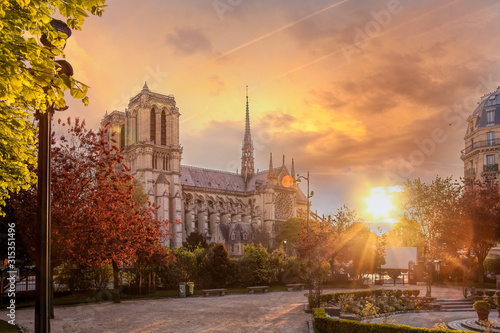 Paris, Notre Dame cathedral with spring trees in France © Tomas Marek