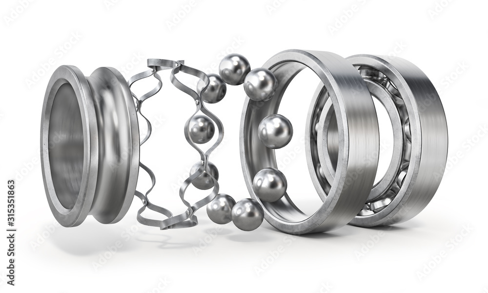 View of disassembled bearing isolated on a white background. See parts of detail. 3d illustration - obrazy, fototapety, plakaty 