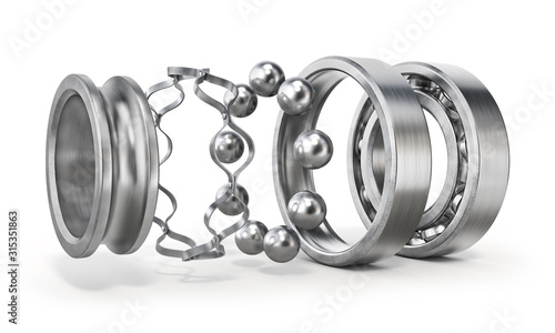 View of disassembled bearing isolated on a white background. See parts of detail. 3d illustration photo