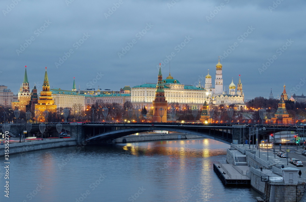 Evening view of the Moscow Kremlin and the Big Stone bridge. Moscow, Russia Evening view of the Moscow Kremlin and the Big Stone bridge. Moscow, Russia