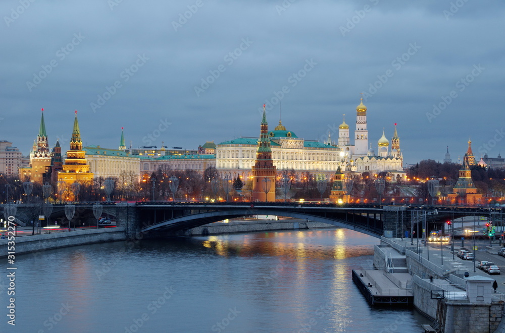 Evening view of the Moscow Kremlin and the Big Stone bridge. Moscow, Russia