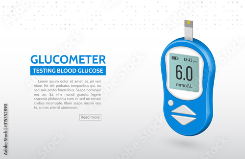 Realistic glucose meter vector illustration. Diabetes blood glucose test. Modern electronic device glucometer. Web banner templates.