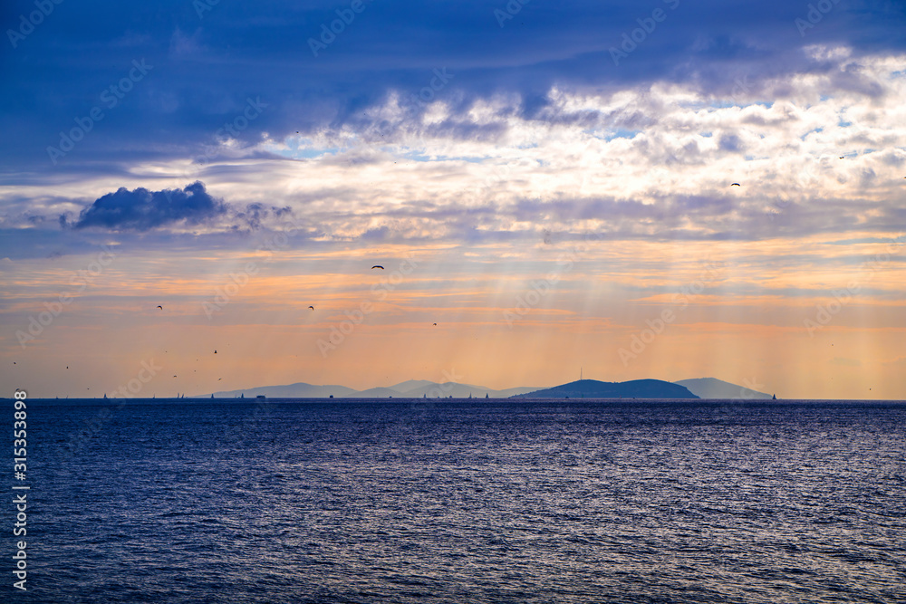 Beautiful seascape with a view of the shore with birds and sunbeams through the clouds
