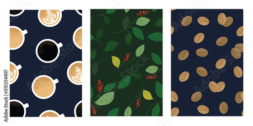 Set of seamless patterns with cup of cappuccino, espresso, coffee beans and branch of plant. Backgrounds for specialty coffee house, shop or package. Vector illustrations for textile, flyer, wrapping.