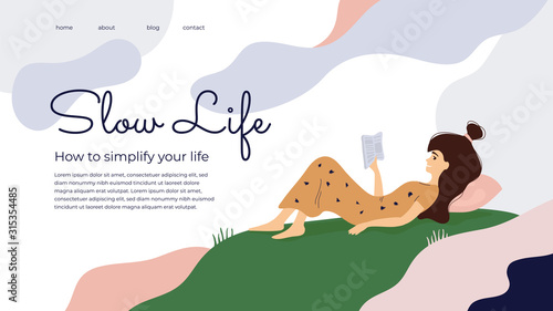 Slow living, wellbeing or wellness concept. Vector illustration about How to simplify your life. Girl reading book, time for yourself. Meditation and slow down life. Template for poster, layout, flyer