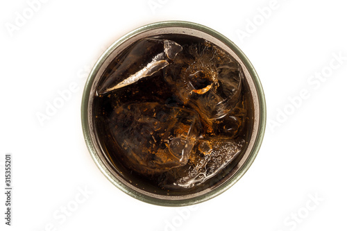 Top view of drink cola with ice in glass on white background