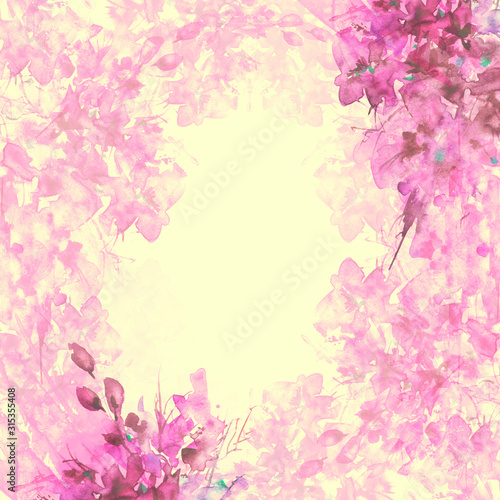 Watercolor background, greeting card, card with a picture of wild pink flowers, grass, abstract spots. A beautiful, fashionable illustration for your design. Flowering garden. Sakura, apple and lilac 