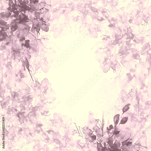 Fototapeta Naklejka Na Ścianę i Meble -  Watercolor background, greeting card, card with a picture of wild pink flowers, grass, abstract spots. A beautiful, fashionable illustration for your design. Flowering garden. Sakura, apple and lilac 