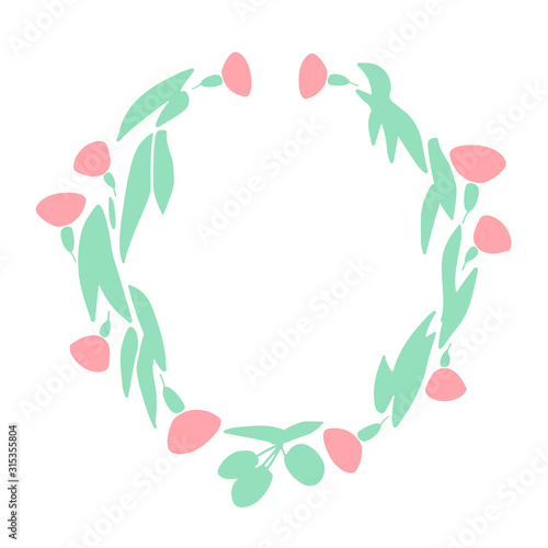 Fototapeta Naklejka Na Ścianę i Meble -  Hand drawn vector color illustration wreath of willow eucalyptus branch, flowers, berry isolated on white background. Best  for design card, banner, print, wedding, book and textile