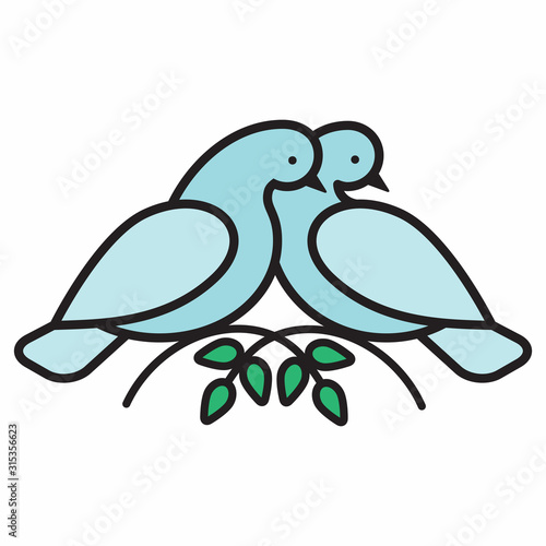 Doves coo at green olive branches decorative element.