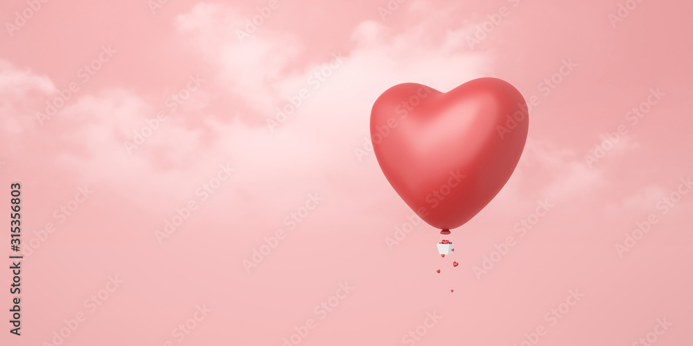 Love of red hot air balloons on pink sky background with valentine day festival concept. Romantic hearts for wedding decoration party style. 3D rendering.