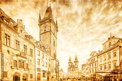 Old Town Hall located in Old Town Square. Prague, Czech Republic. Retro style.