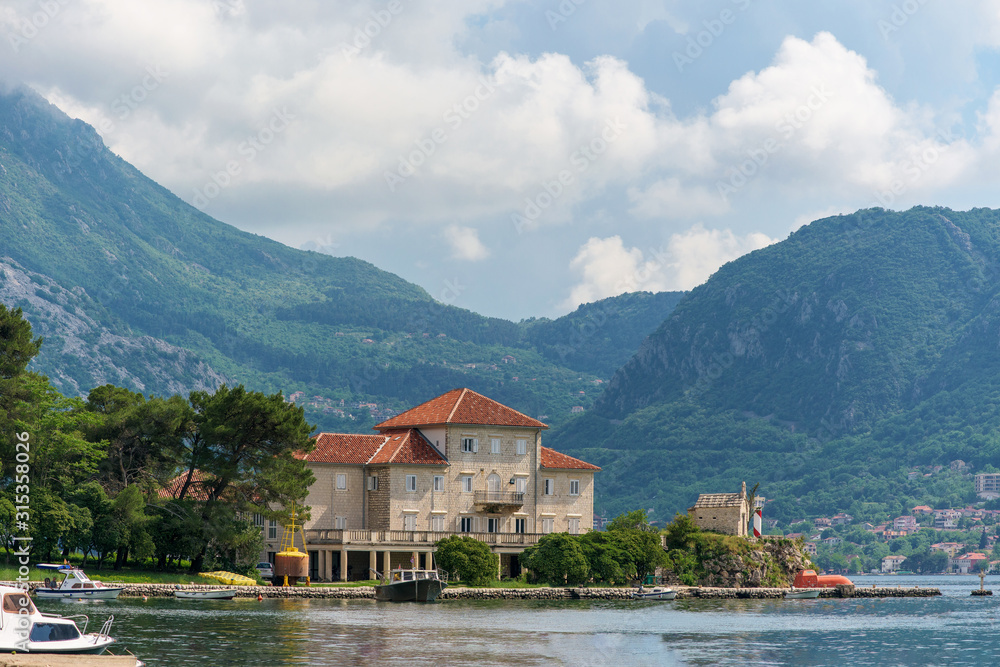 tourist beach town of Montenegro, historical buildings and architecture . Adriatic sea, coast