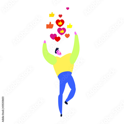 Young man addiction to social media, get a lot of likes, hand gesture thumb up and hearts. Abstract concept likemania, isolated flat on white background. Social network vector illustration.