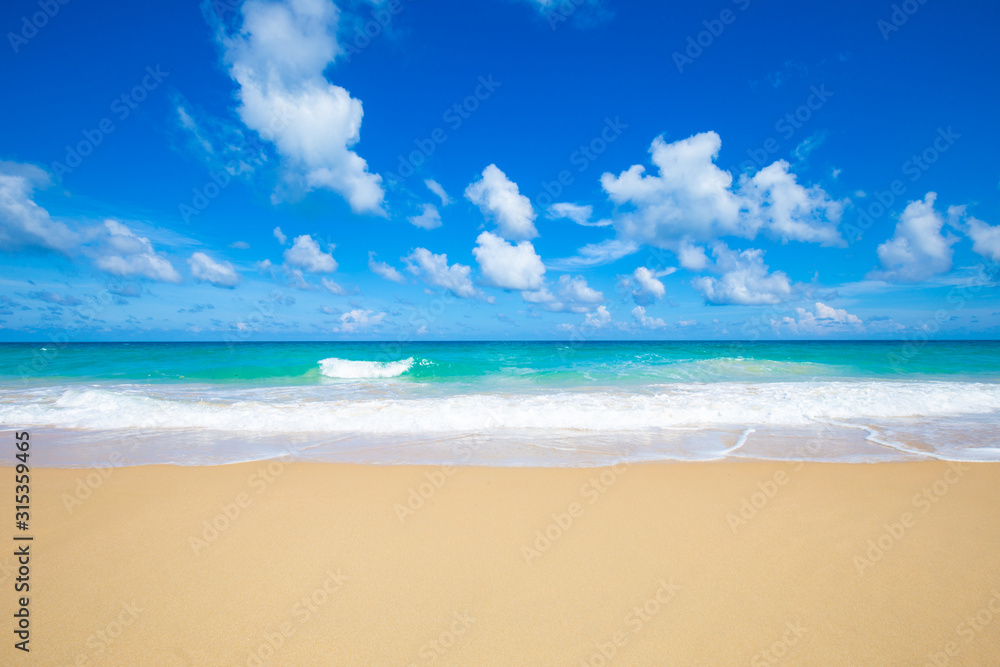 Fototapeta premium White sand beach turquoise sea water against blue sky with cloud seascape vacation background