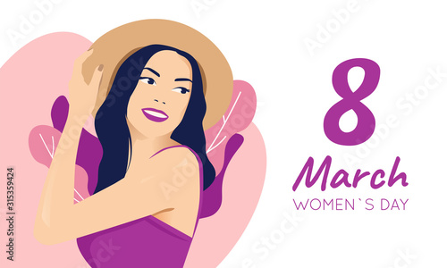 Young girl with blue hair in a straw hat smiles on a pink background with tropical leaves. Happy girl greeting card March 8, banner, copy space
