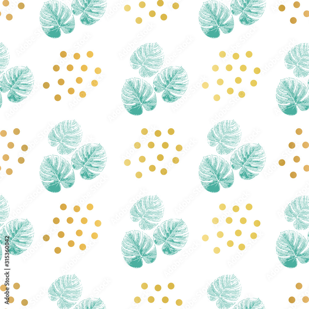 Monstera palm leaves green and gold foil dots seamless vector ...