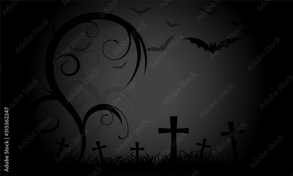 Floral ornament design with grave and bat , floral swirl design, illustration with black background,concept for darknight  vector eps10