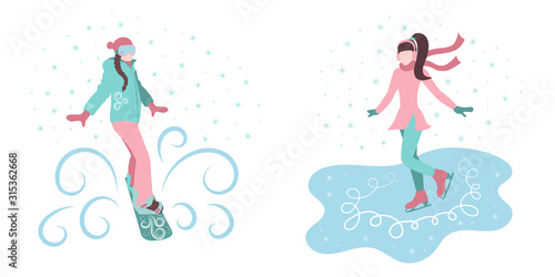 Cartoon snowboarder and skater, snowflakes. Winter sport. A girl is skating on ice. The girl is snowboarding.