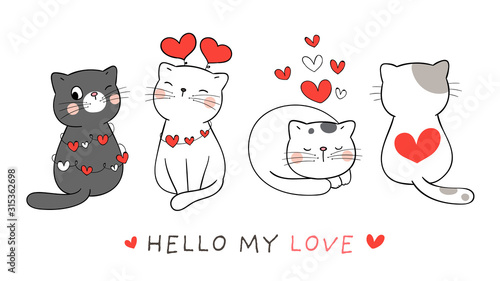 Fototapeta Naklejka Na Ścianę i Meble -  Draw banner cute cat with red heart for Valentine.