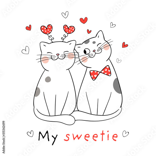 Draw couple love of cat with little red heart for Valentine.