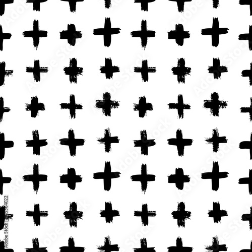 Plus signs and crosses seamless pattern of brush strokes. Vector monochrome grunge texture from X.