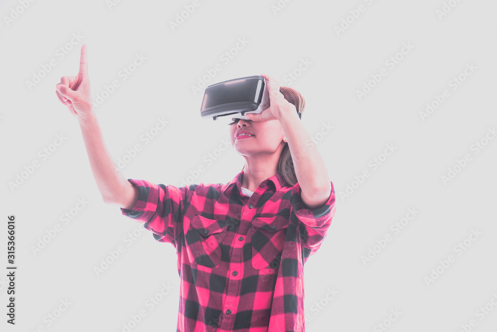 Beautiful woman touching air during the VR. Beautiful woman touching air during the VR.