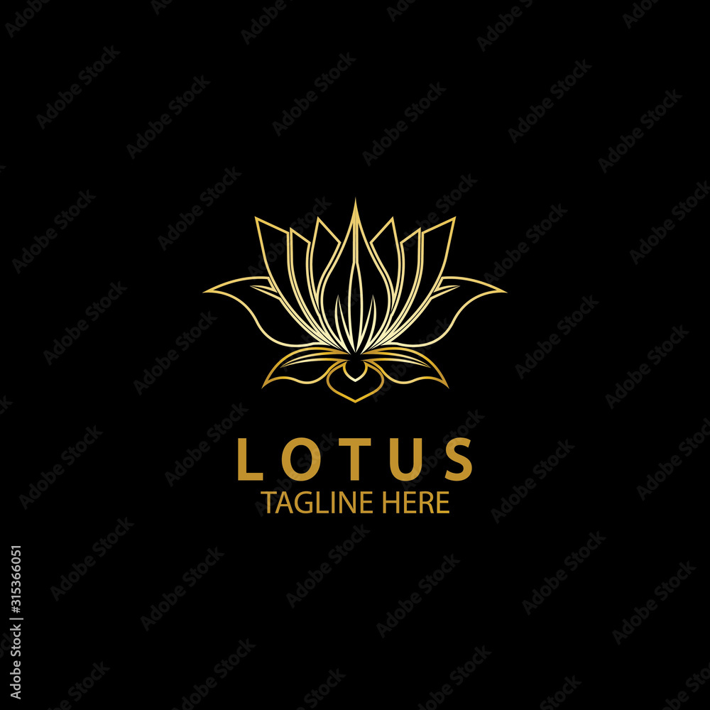 Obraz premium Golden lotus flower logo. Vector design template of lotus icon on dark background with golden effect for eco, beauty, spa, yoga, medical companies.