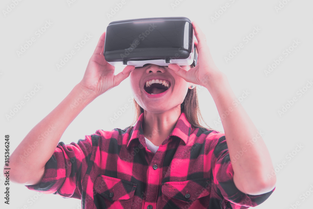 Futuristic Innovation digital cyberspace Technology Simulation. girl wearing stereoscopic VR mask device. background white color. Futuristic Innovation digital cyberspace Technology Simulation. girl wearing stereoscopic VR mask device. background white color.
