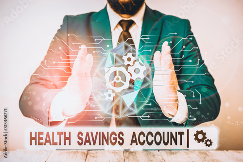 Text sign showing Health Savings Account. Business photo showcasing users with High Deductible Health Insurance Policy Male human wear formal work suit presenting presentation using smart device photo