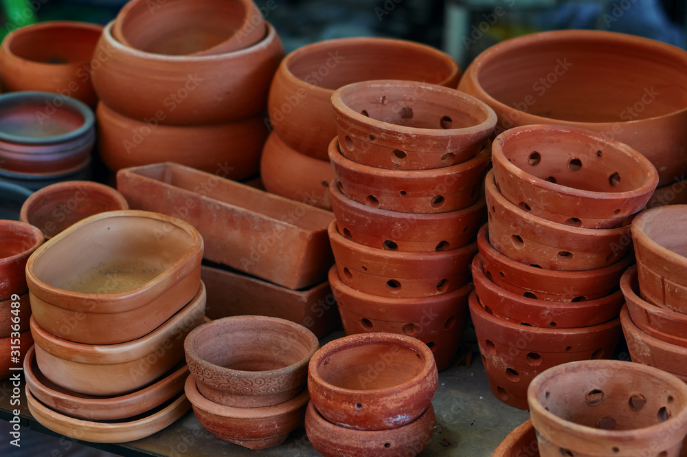 Lots of clay pot in the gardening shop Lots of clay pot in the gardening shop