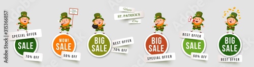 Saint Patricks Day sale isolated stickers with leprechauns. Set of paper cut vector banners with funny traditional characters. Collection of elements for holiday promotions and discounts