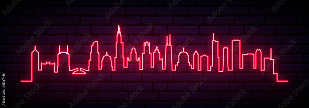 Red neon skyline of Chicago city. Bright Chicago long banner. Vector illustration. - obrazy, fototapety, plakaty 