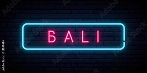 Bali neon sign. Bright light signboard. Vector banner.