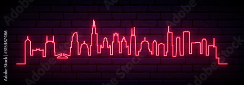 Red neon skyline of Chicago city. Bright Chicago long banner. Vector illustration.
